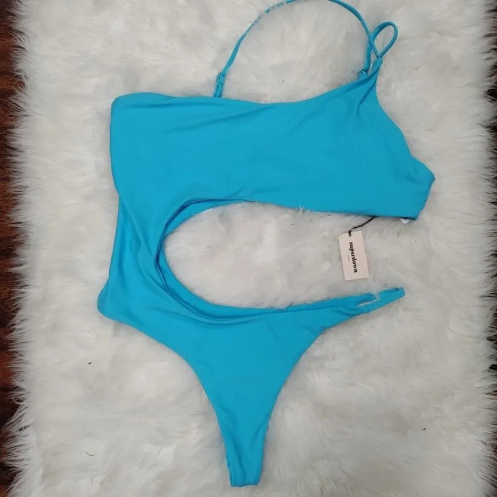 NWT superdown Valerie Asymmetric Cutout Unpadded One Piece Swimsuit Aqua Blue L - Picture 5 of 12